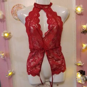 Ababoon (L) Keyhole Peekaboo Collared Scallop Lace Red Teddie